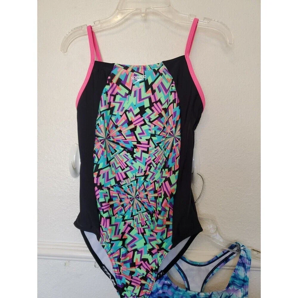 Speedo Girls Lot of 2 One Piece Multicolor Swimsuits Sz Large Tie Dye Geometric